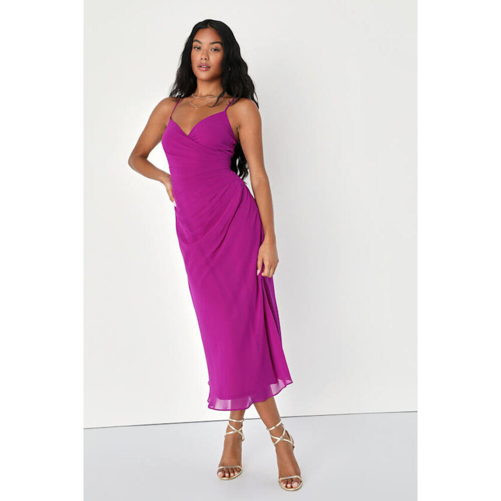 Lulus Lovely Destiny Purple Sleeveless Ruched Midi Dress - Size L